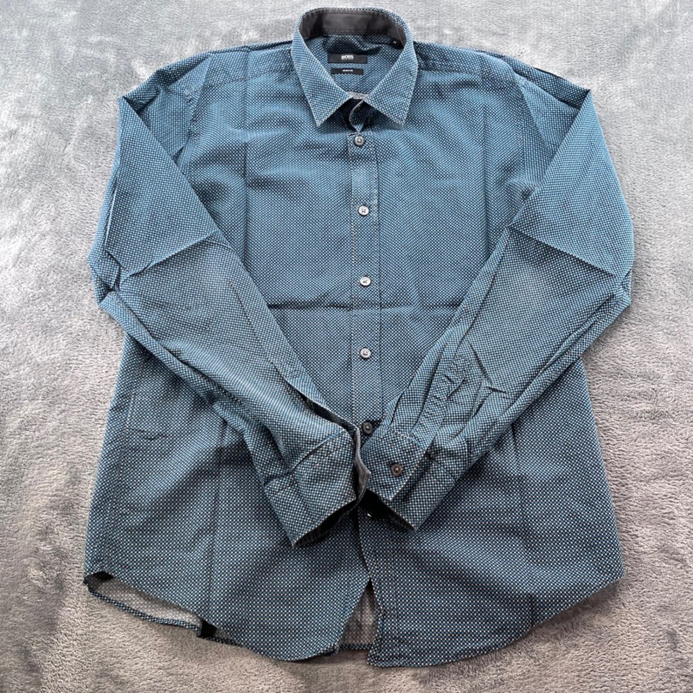 Hugo Boss Ronni_2-A-01 Slim Fit Shirt Mens Medium Teal Micro Check Button Down